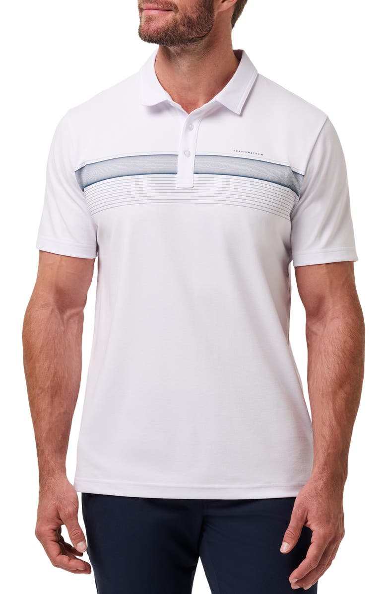 TravisMathew Perfect View Chest Stripe Cotton Blend Piqué Polo, Main, color, White