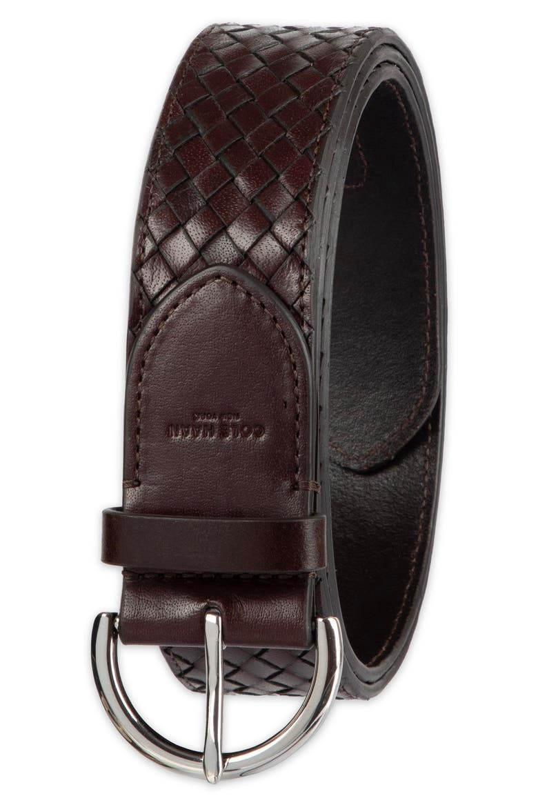 Woven Leather Belt, Alternate, color, DARK BROWN