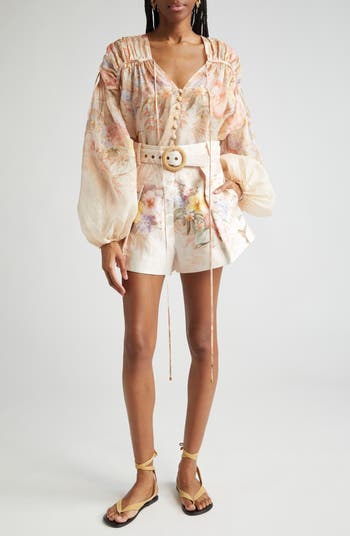 Zimmermann Tropical Floral Belted Linen Tuck Shorts | Nordstrom
