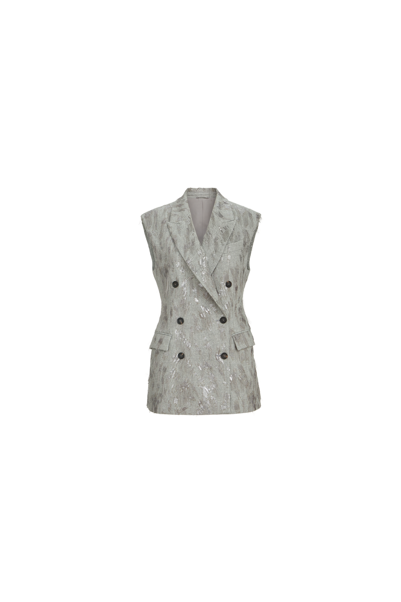 Virgin wool and cashmere twill flannel vest with dazzling lynx embroidery, Alternate, color, Grey