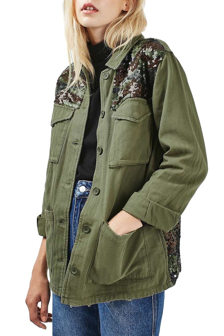 Camo Sequin Shirt Jacket, Main, color, OLIVE