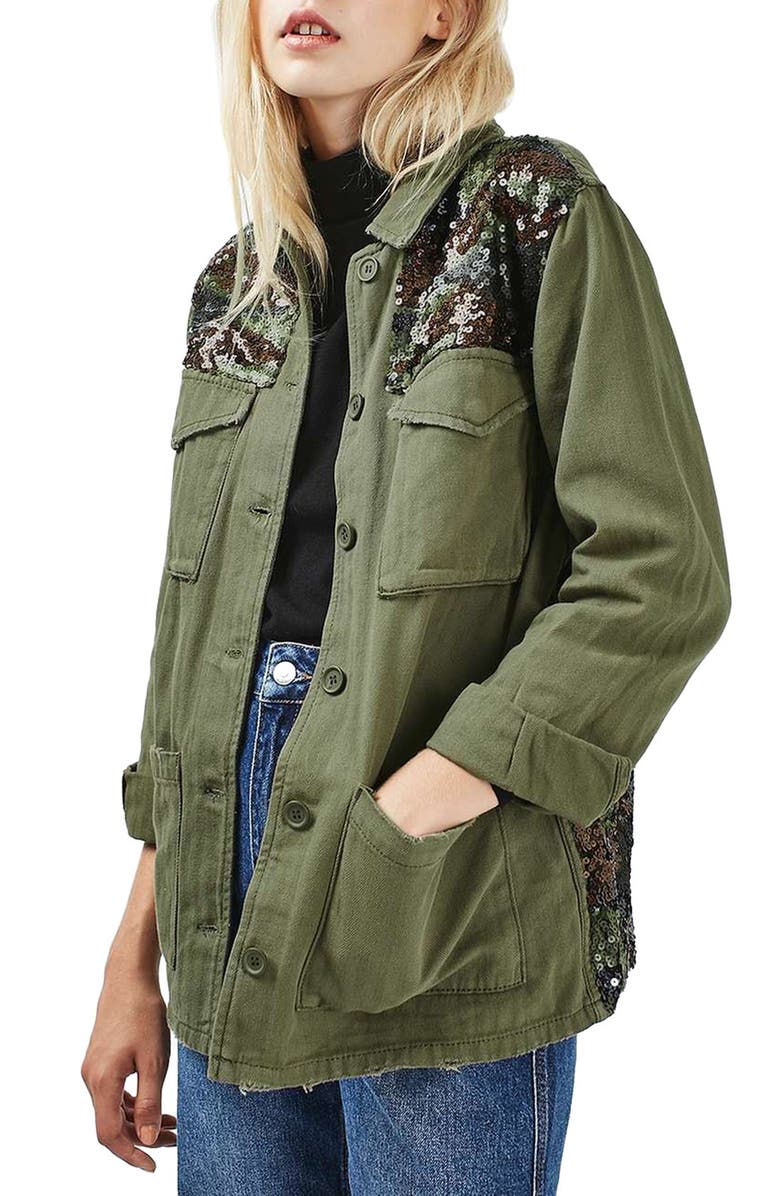 Topshop Camo Sequin Shirt Jacket, Main, color, 