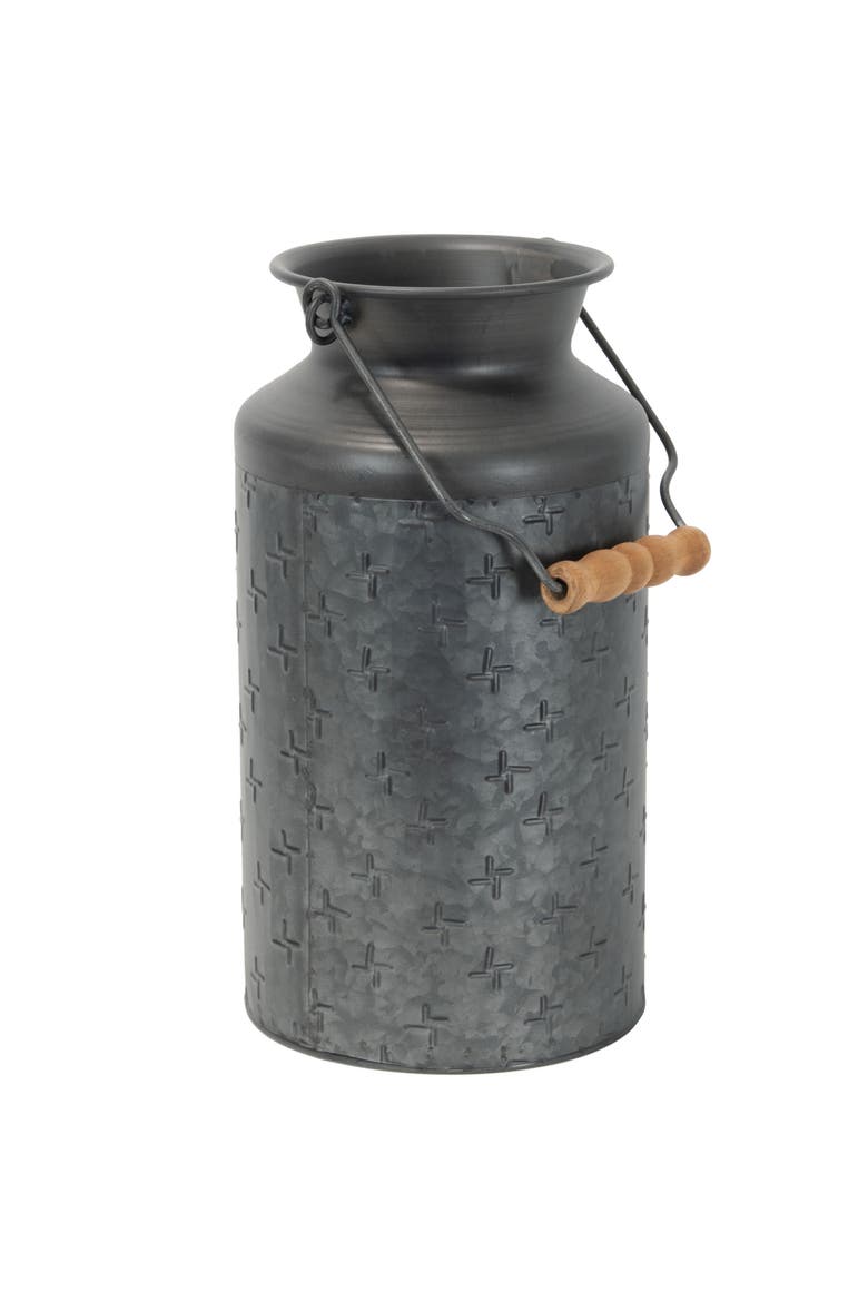 Black Galvanized Metal Decorative Vase with Wood Handle, Alternate, color, Black