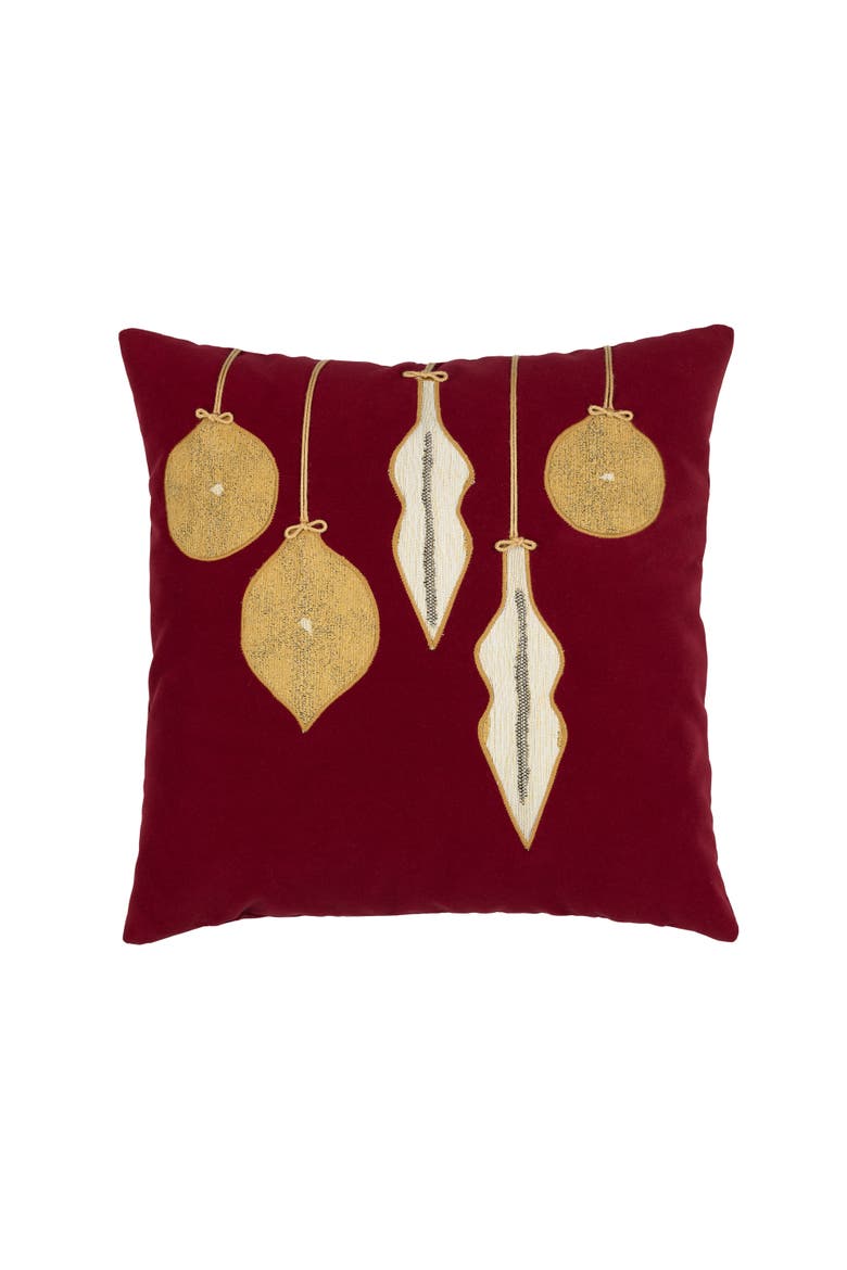 Ornaments Hand Appliqued Indoor & Outdoor Woven Accent Holiday Pillow, Main, color, Ruby