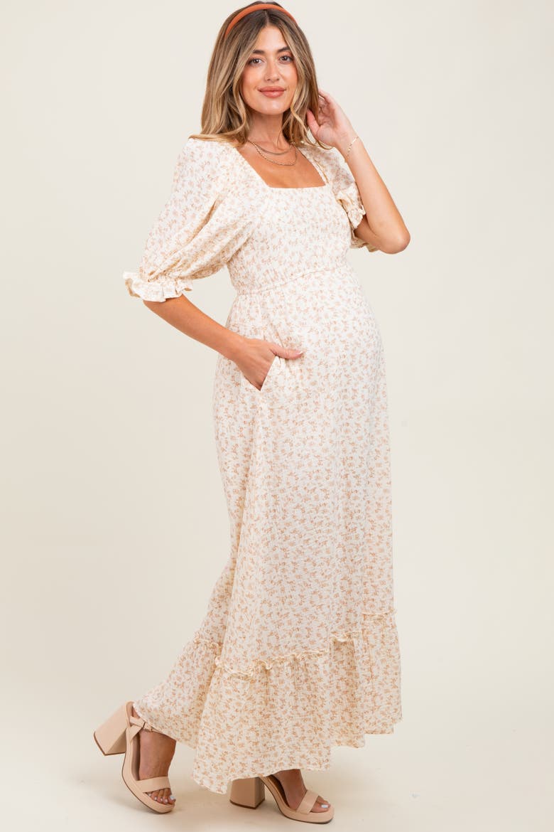 Floral Print Square Neckline Maxi Dress, Alternate, color, Beige