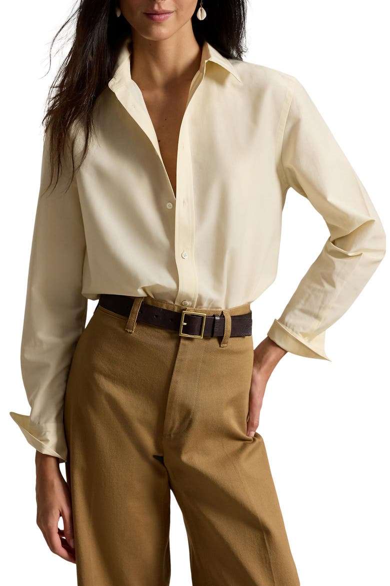 Relaxed Fit Cotton & Silk Button-Up Shirt, Main, color, FULL CREAM