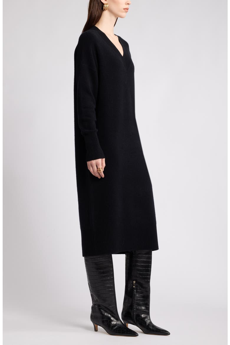 V-Neck Long Sleeve Wool & Cashmere Sweater Dress, Alternate, color, BLACK ROCK