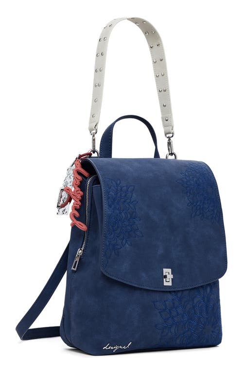Desigual Small Embossed Faux Leather Flap Backpack In Blue