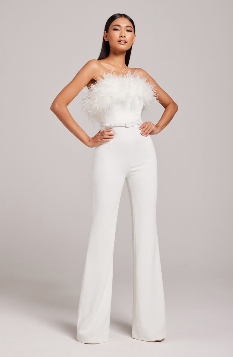 NADINE MERABI Colette Ostrich Feather Trim Belted Strapless Jumpsuit, Alternate, color, 