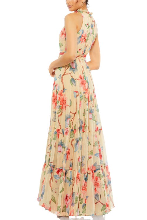 Mac Duggal Floral Button High Neck Maxi Dress In Nude Multi