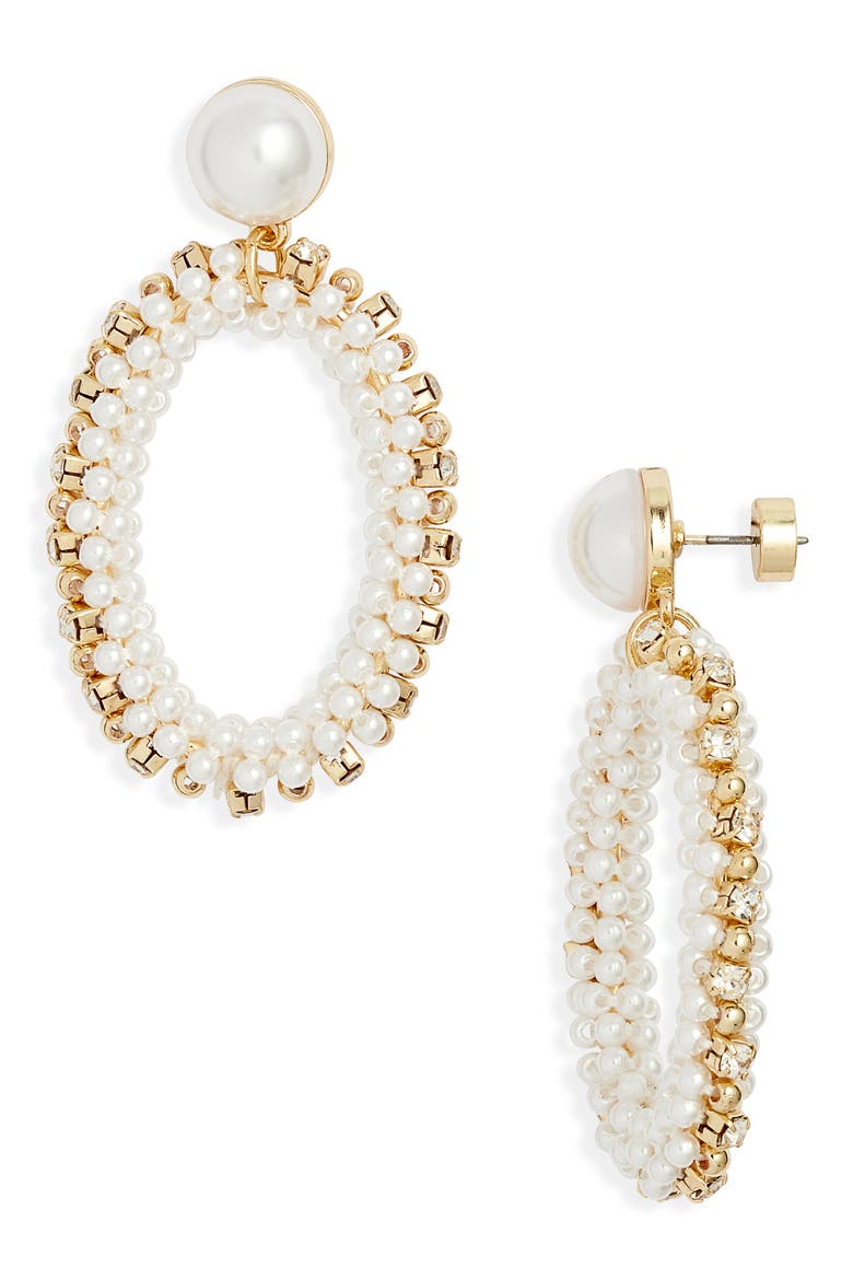 Faux Pearl & Rhinestone Drop Earrings, Main, color, WHITE- CLEAR- GOLD