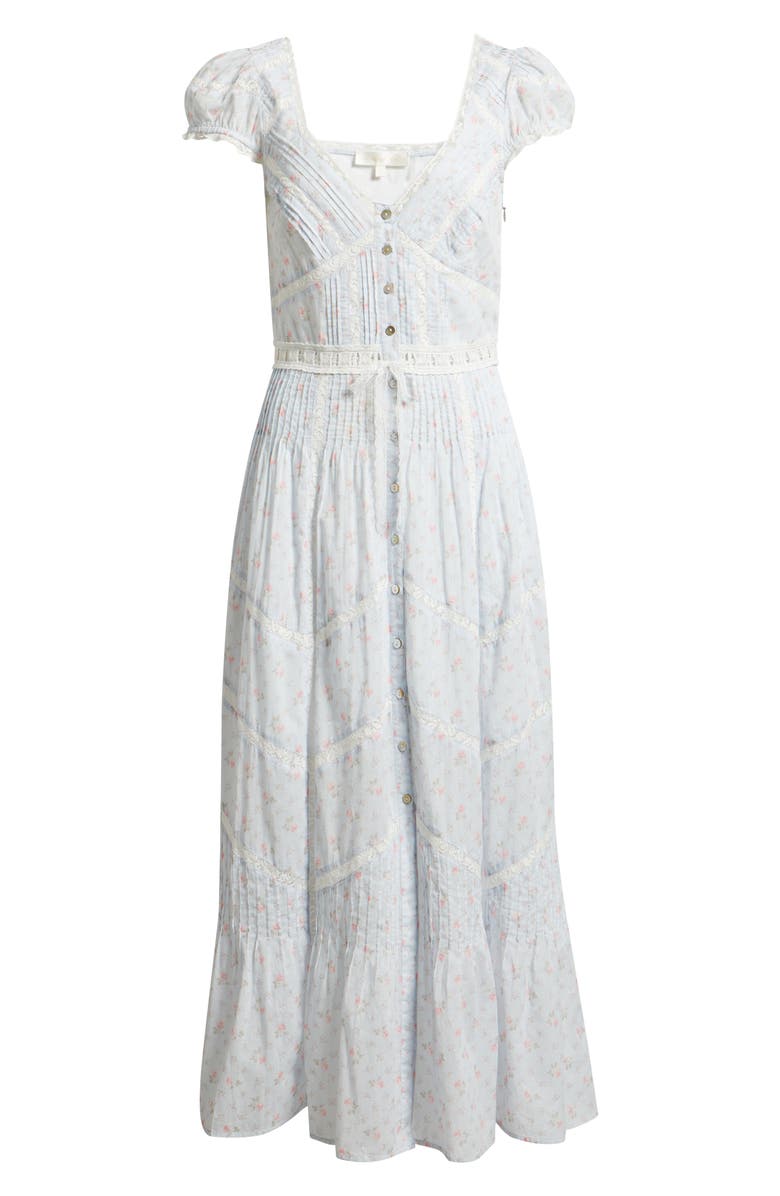 LoveShackFancy Aurela Lace Trim Pintuck Tiered Maxi Dress, Alternate, color, Chapparal Blue