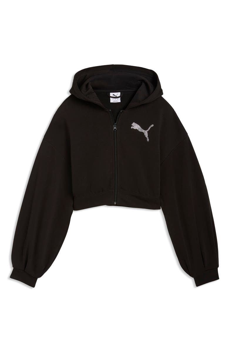 PUMA Essentials Bedazzled Rhinestone Embellished Cropped Graphic Hoodie, Main, color, 