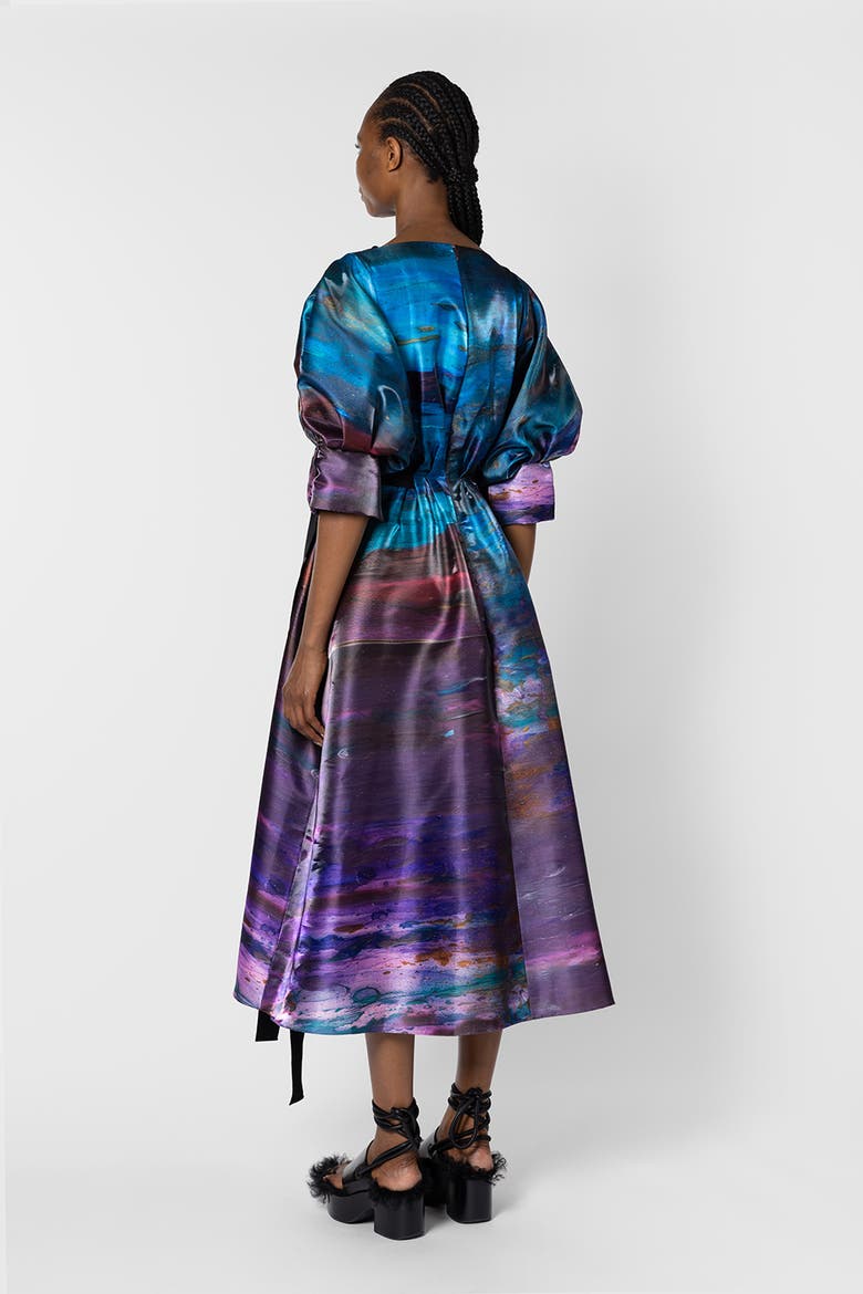 Zinnia Printed Puff Sleeve Dress, Alternate, color, Azure / Cassis