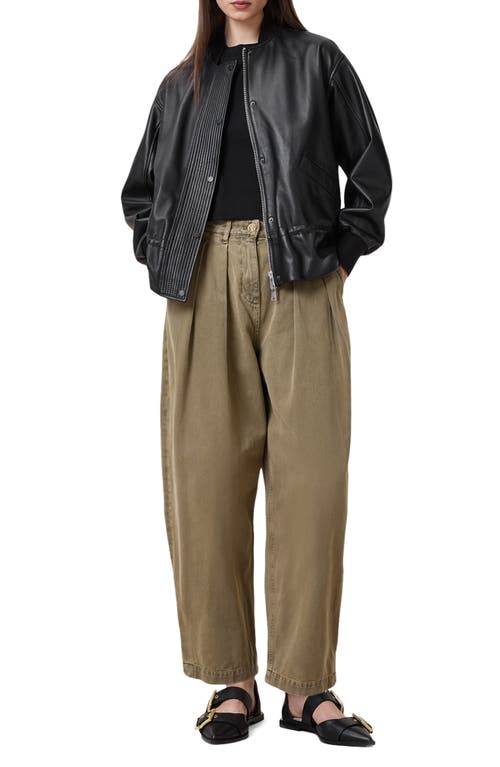 Allsaints Becca Pleated Barrel Leg Denim Trousers In Khaki Green
