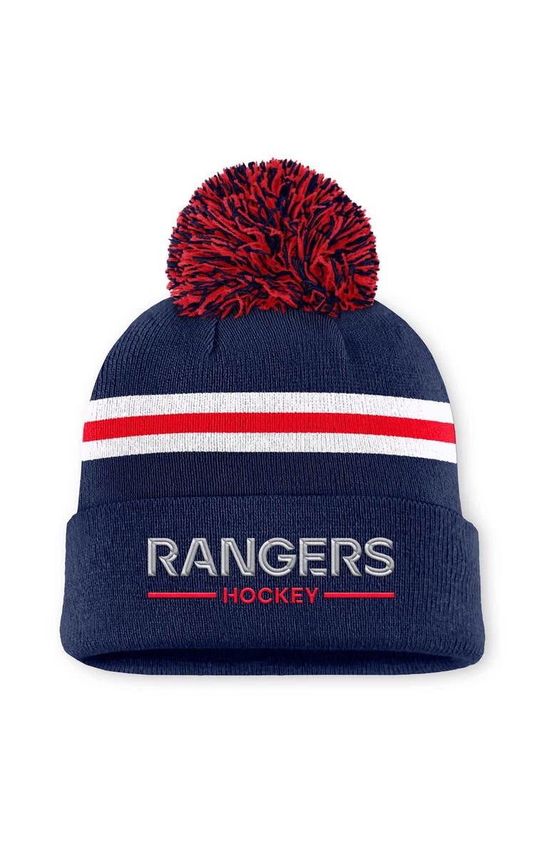 FANATICS Women's Fanatics Navy New York Rangers Authentic Pro Rink Cuffed Knit Hat with Pom, Main, color, Navy