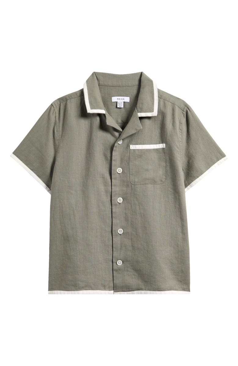 Reiss Kids' Vitan Short Sleeve Linen Camp Shirt, Main, color, Khaki/ White