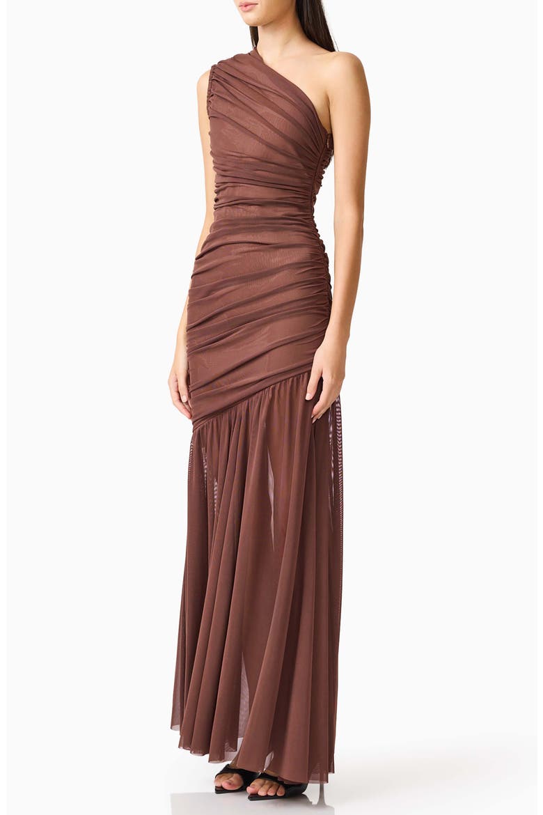 Vienna Ruched One-Shoulder Gown, Alternate, color, BROWN/ NUDE
