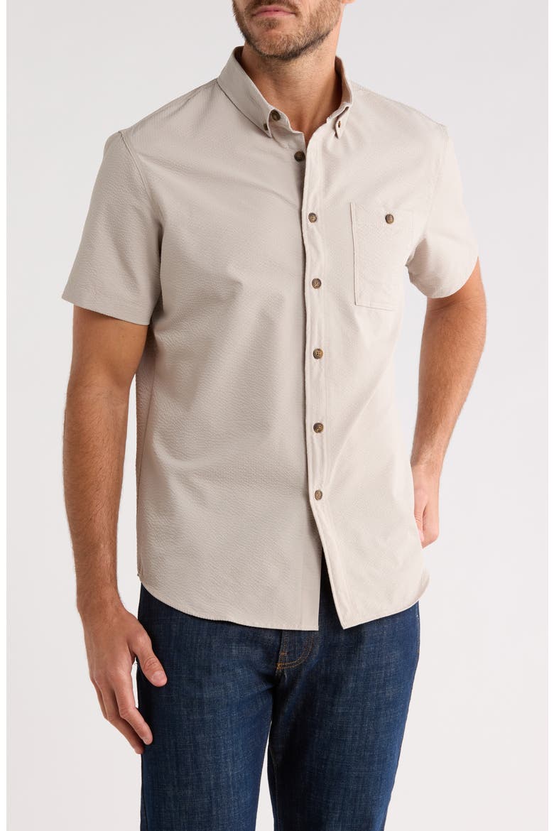 Seersucker Short Sleeve Button-Down Shirt, Main, color, OATMEAL