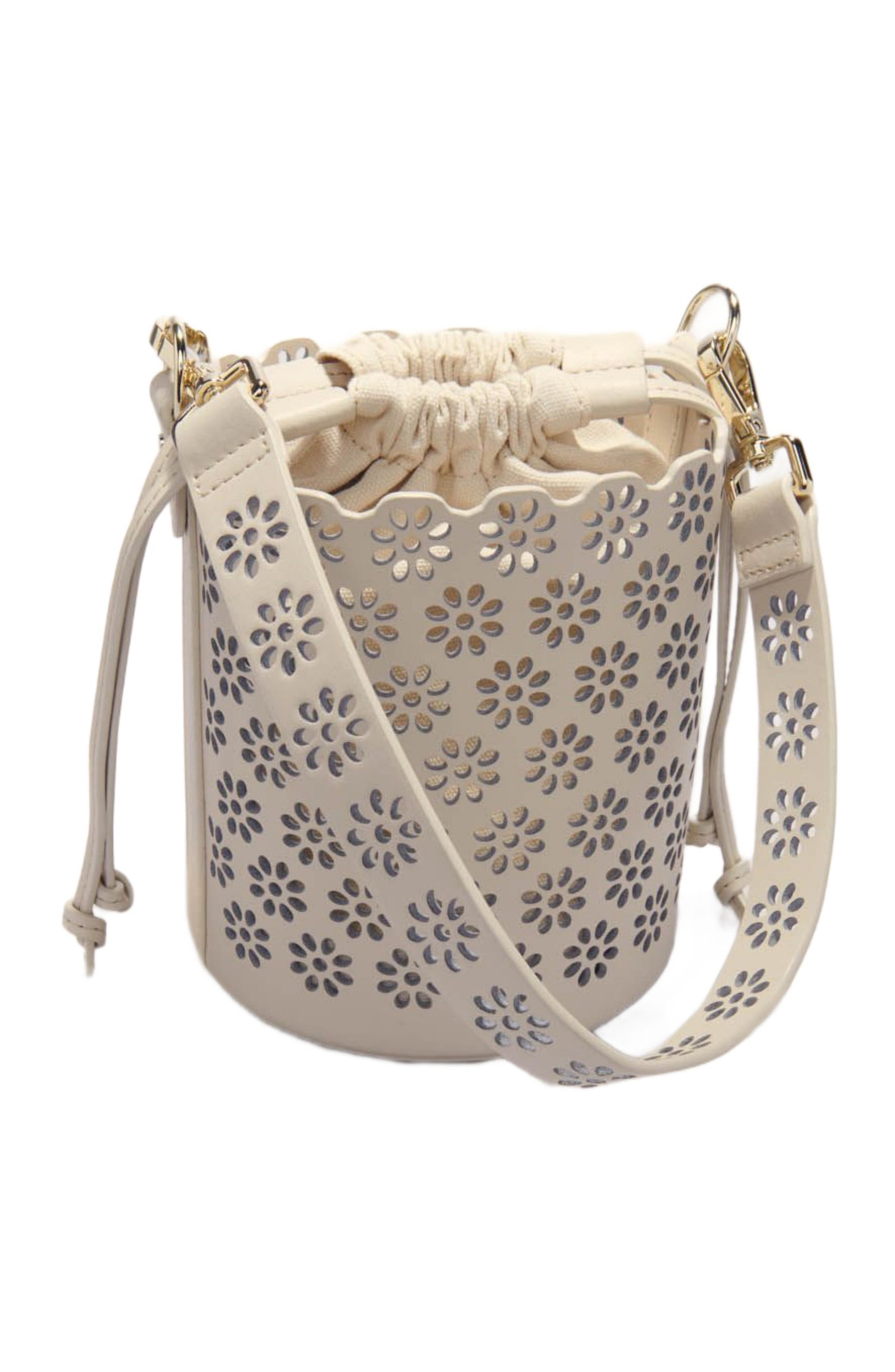 maje Perforated leather bucket bag, Alternate, color, 
