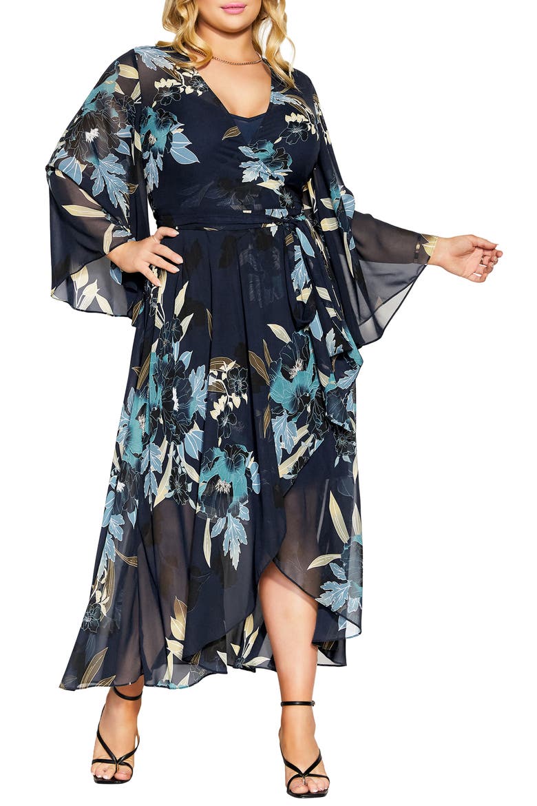 Eleanor Floral Long Sleeve Maxi Wrap Dress, Main, color, NAVY BOLD BLOOM