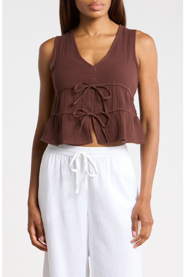 Tie Front Cotton Gauze Crop Tank, Main, color, COFFEE BEAN