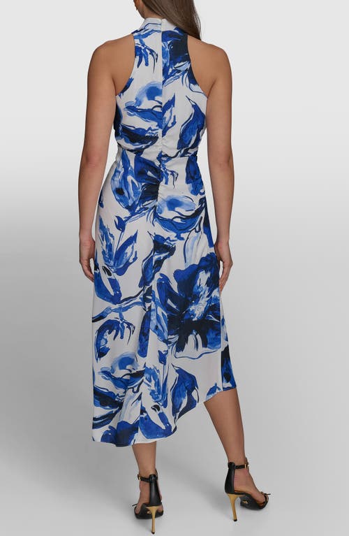 Donna Karan New York Floral Cowl Neck Asymmetric Dress In Blue