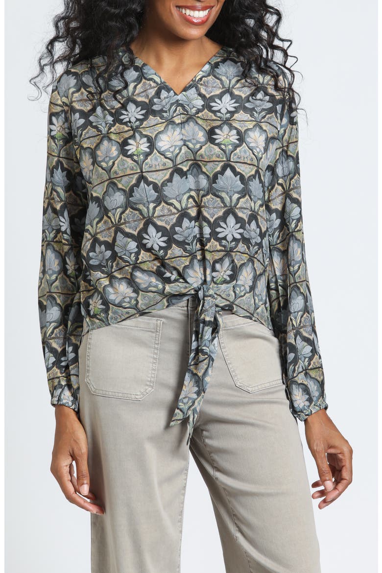 Tie Front V-Neck Top, Main, color, SAGE/PEWETER MULTI
