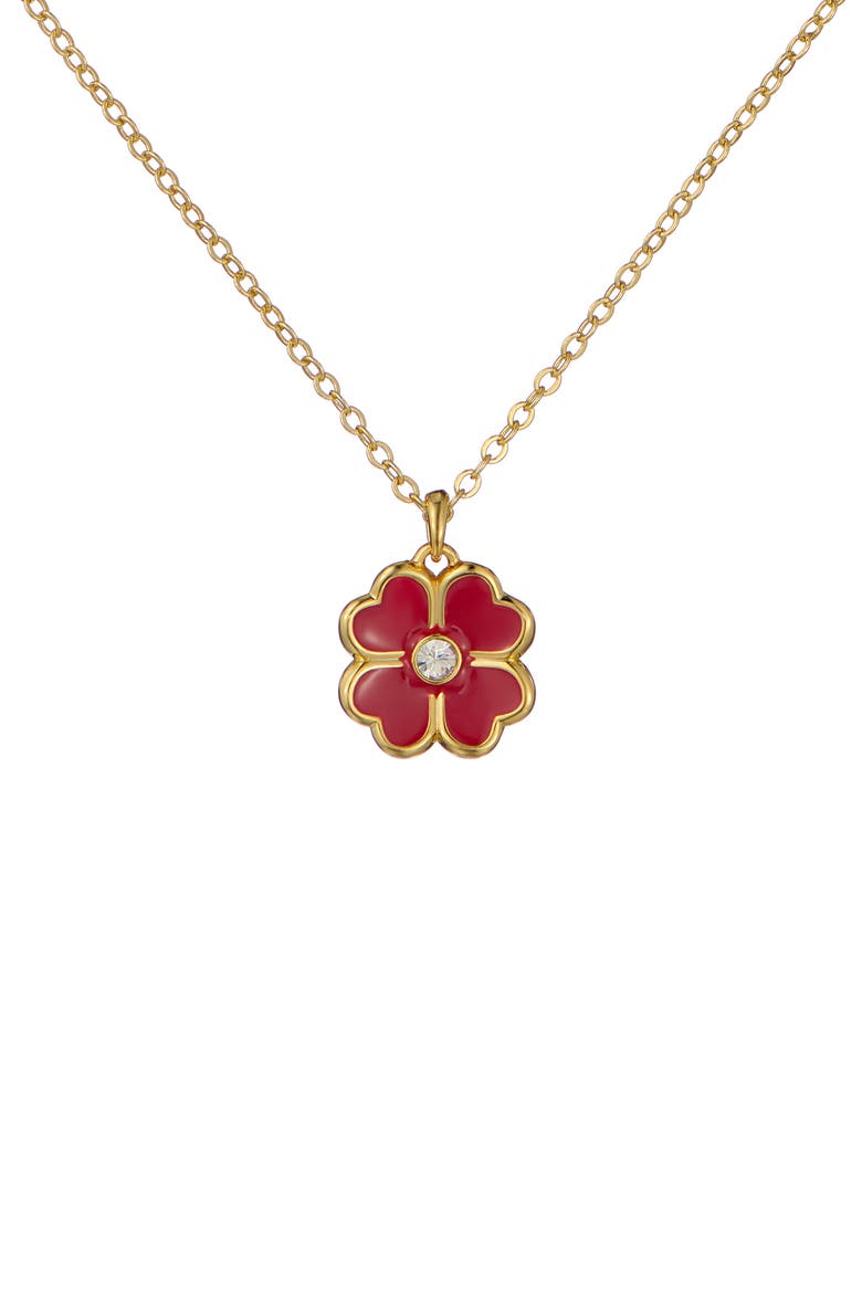 Fern Enamel Flower Pendant Necklace, Alternate, color, GOLD TONE RED CLEAR CRYSTAL