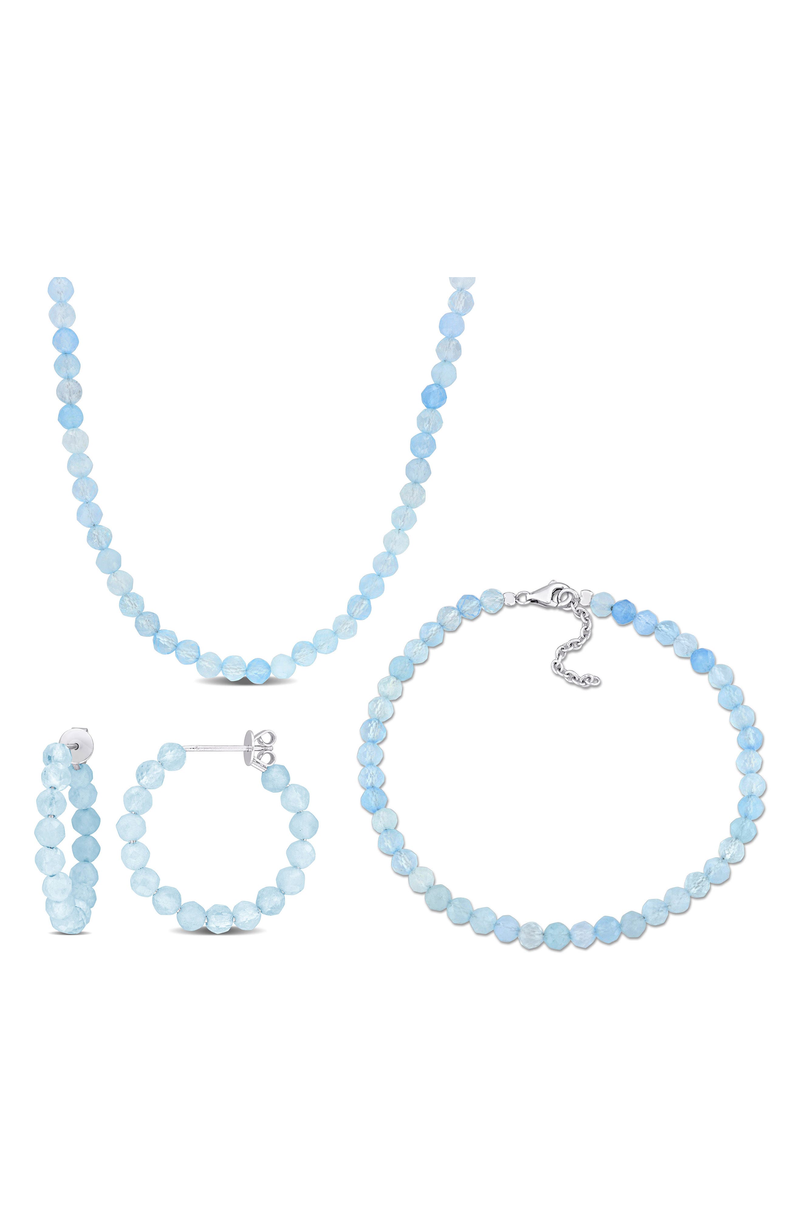 DELMAR Beaded Aquamarine Hoop Earrings, Bracelet & Necklace Set