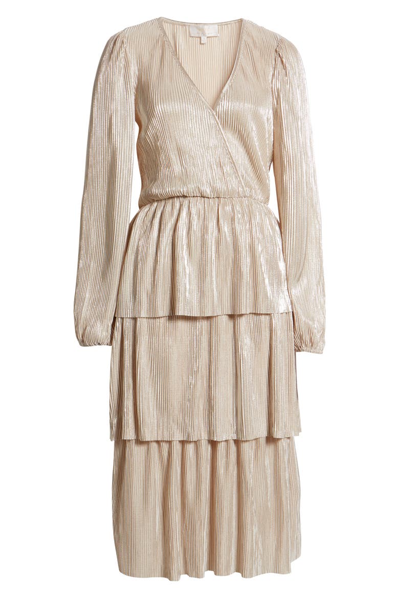 Metallic Long Sleeve Tiered Midi Dress, Alternate, color, METALLIC SILVER
