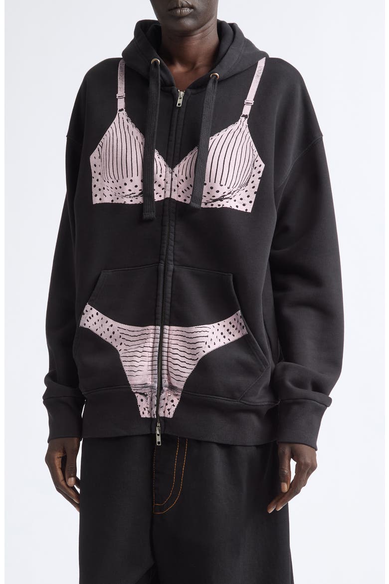 Oversize Trompe l'Oeil Lingerie Zip Graphic Hoodie, Main, color, BLACK
