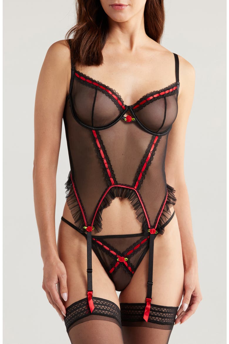 Mesh Underwire Bustier & G-String Set, Main, color, BLACK
