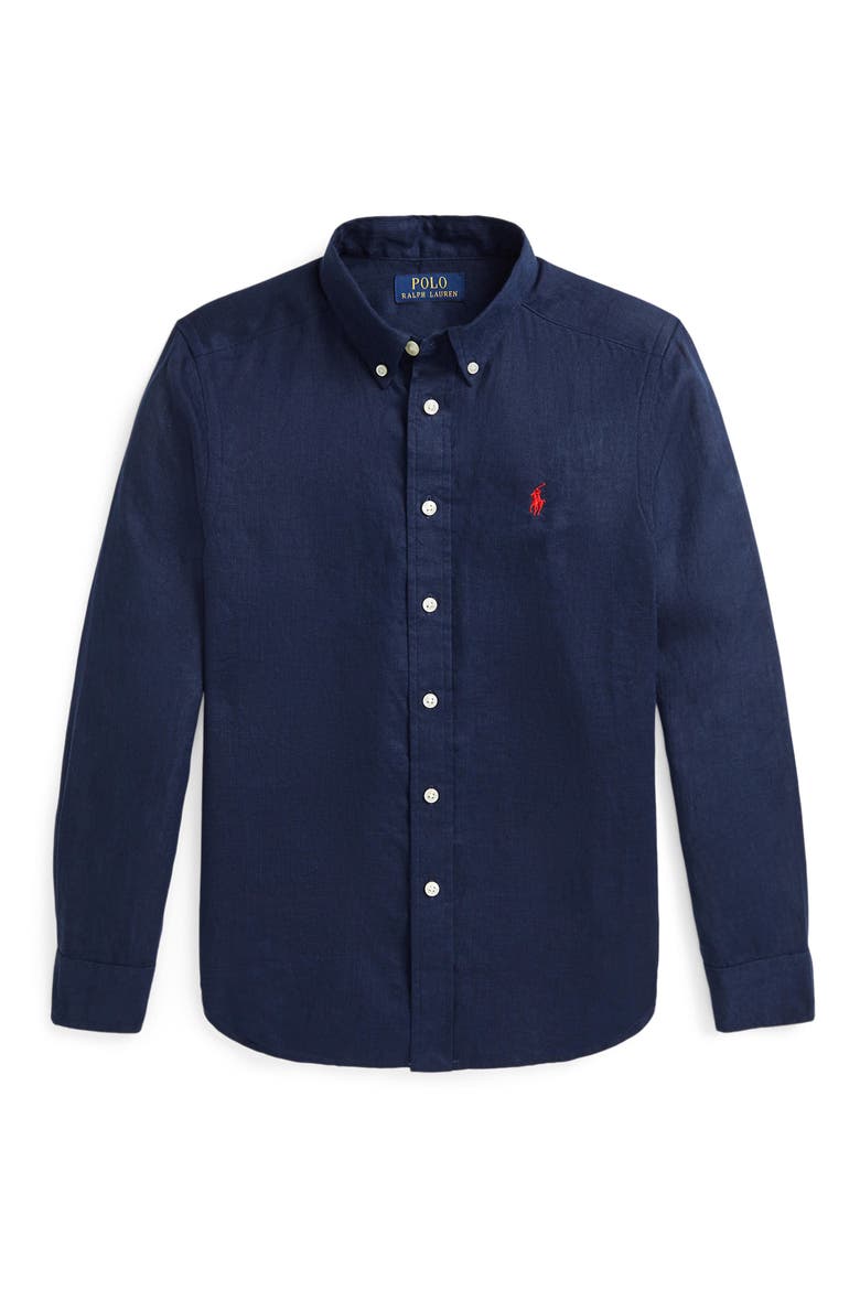 Kids' Linen Button-Down Shirt, Main, color, NAVY