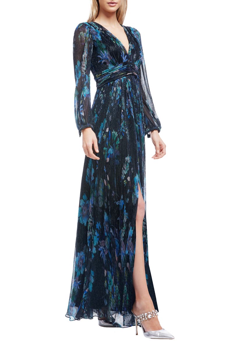 Dress the Population Pauline Metallic Floral Long Sleeve Gown, Alternate, color, Turquoise Multi
