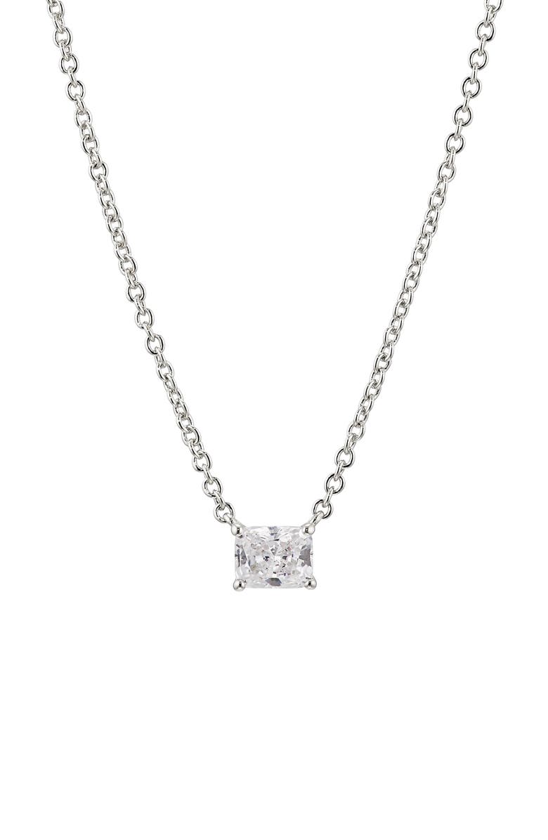 Nadri Modern Luv Small Emerald Cut Cubic Zirconia Pendant Necklace, Main, color, Rhodium
