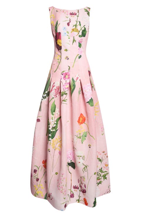 Mixed Botanical Print Sleeveless Faille Gown