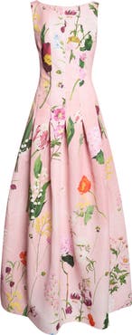 Oscar de la Renta Mixed Botanical Print Sleeveless Faille Gown