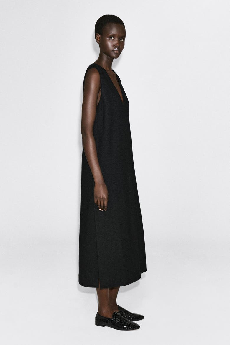 Boiled Wool-Blend V-Neck Midi Dress, Alternate, color, BLACK