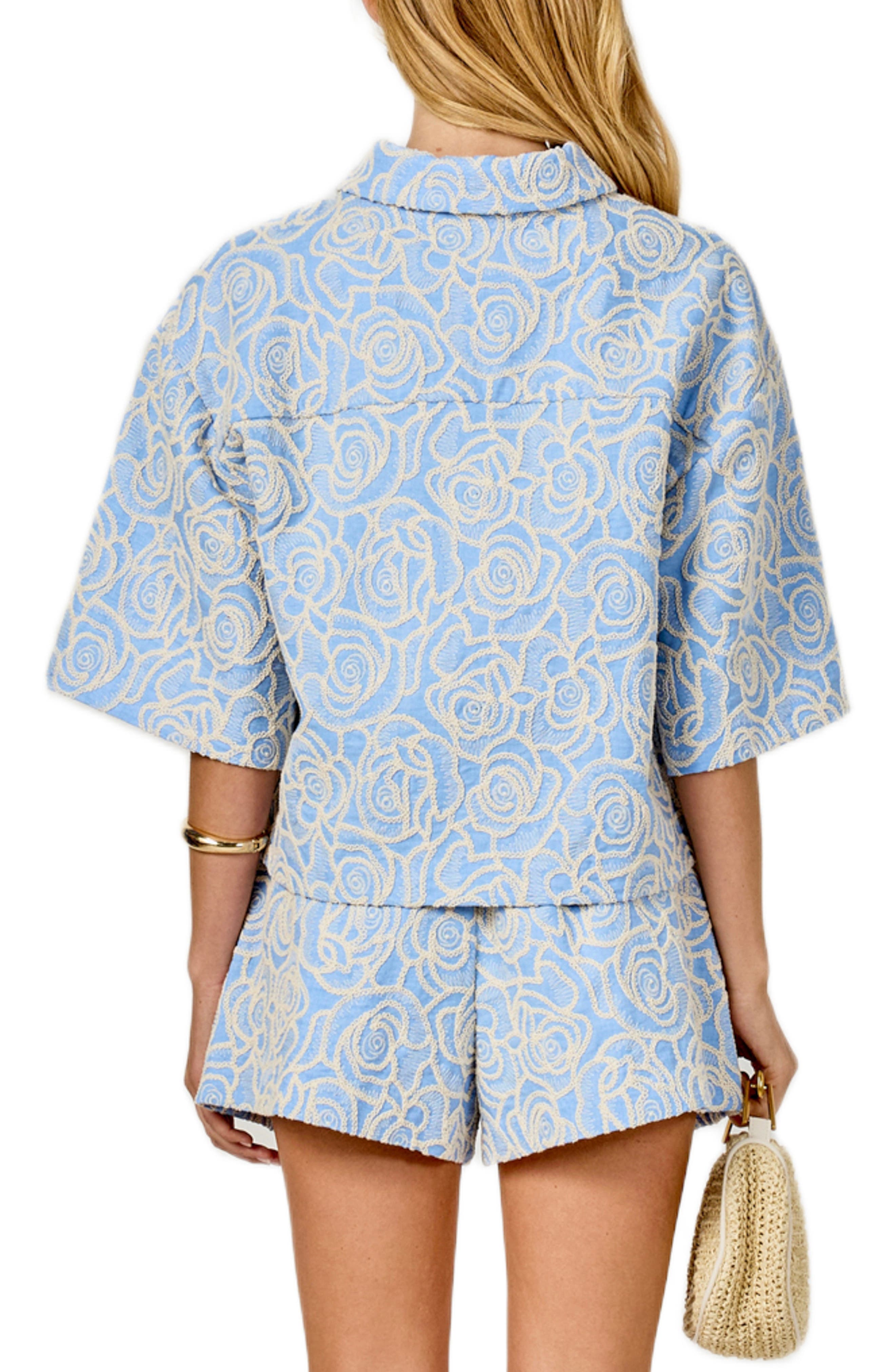 Embroidered Crop Cotton Blend Button-Up Shirt - image 2
