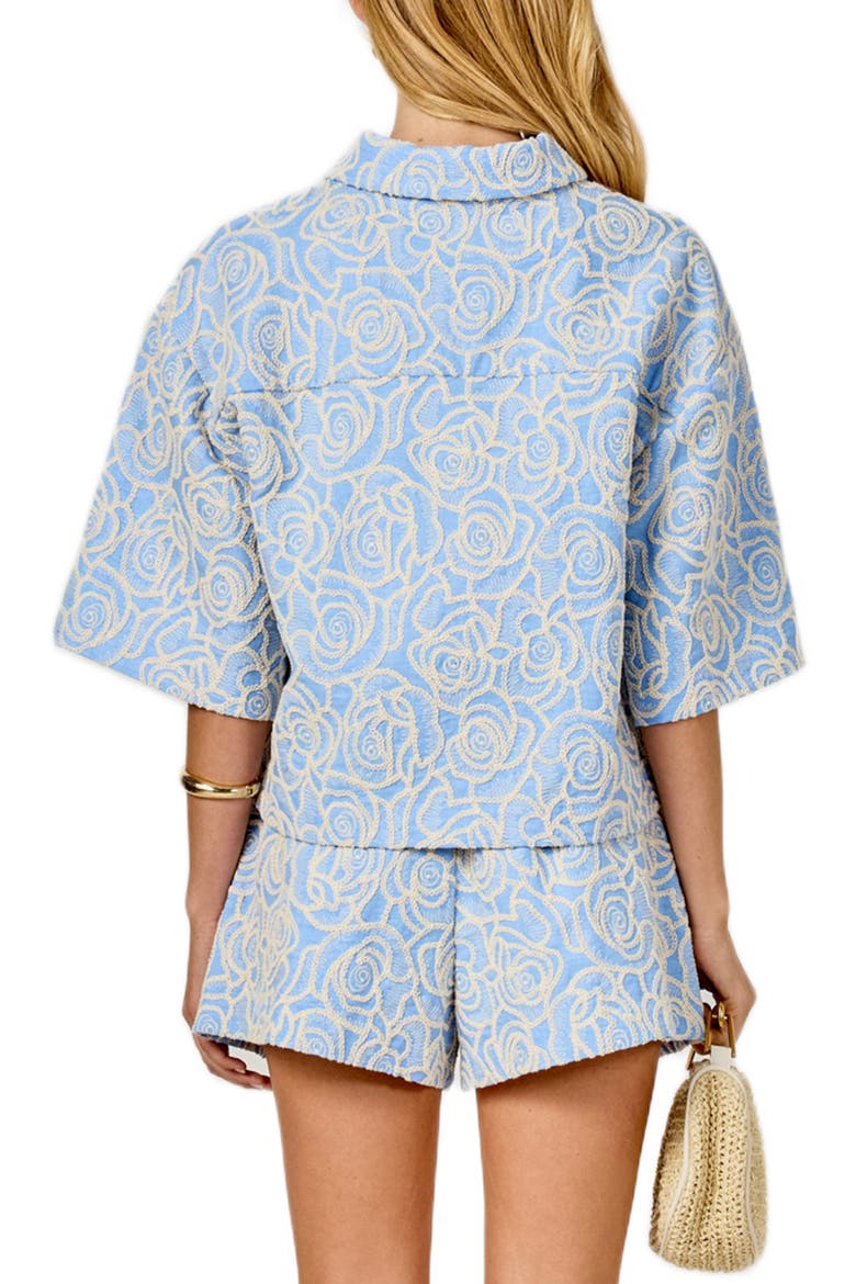 Embroidered Crop Cotton Blend Button-Up Shirt, Alternate, color, BLUE