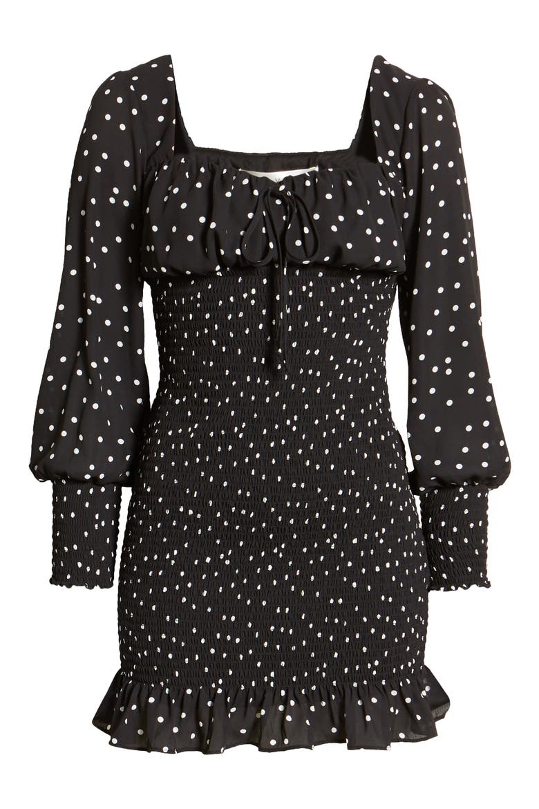 Polka Dot Smocked Long Sleeve Minidress, Alternate, color, BLACK