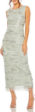 Mac Duggal Sleeveless Crystal Fringe Column Dress