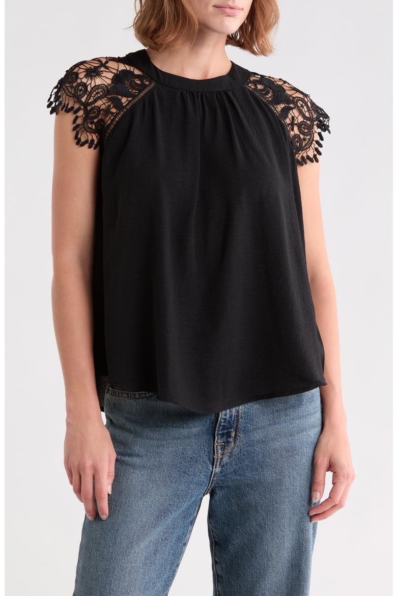 Crochet Cap Sleeve Top, Main, color, BLACK