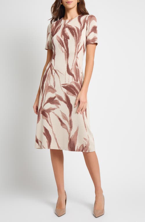 Misook A-line Botanical Jacquard Soft Knit Midi Dress In Brown