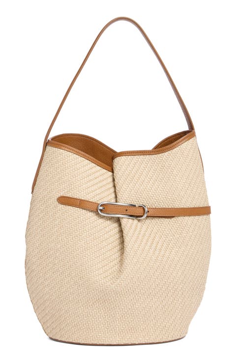 Large Belted Raffia Bucket Bag