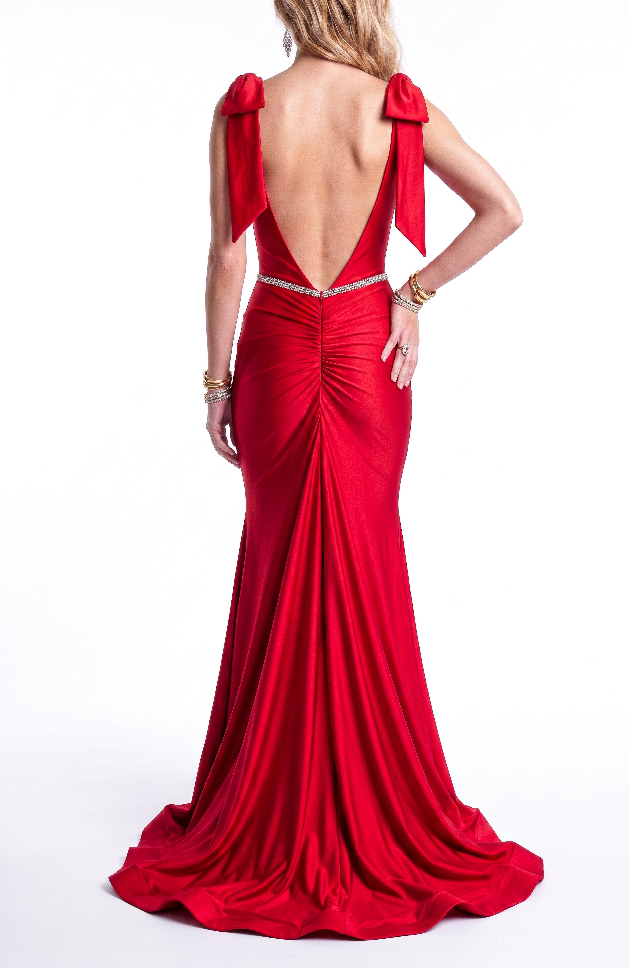 Jessica Angel Bow Shoulder Plunge Mermaid Evening Gown (Women) | Nordstrom