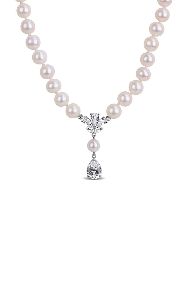 Cultured Pearl & Lab Grown White Sapphire Y-Necklace, Main, color, WHITE