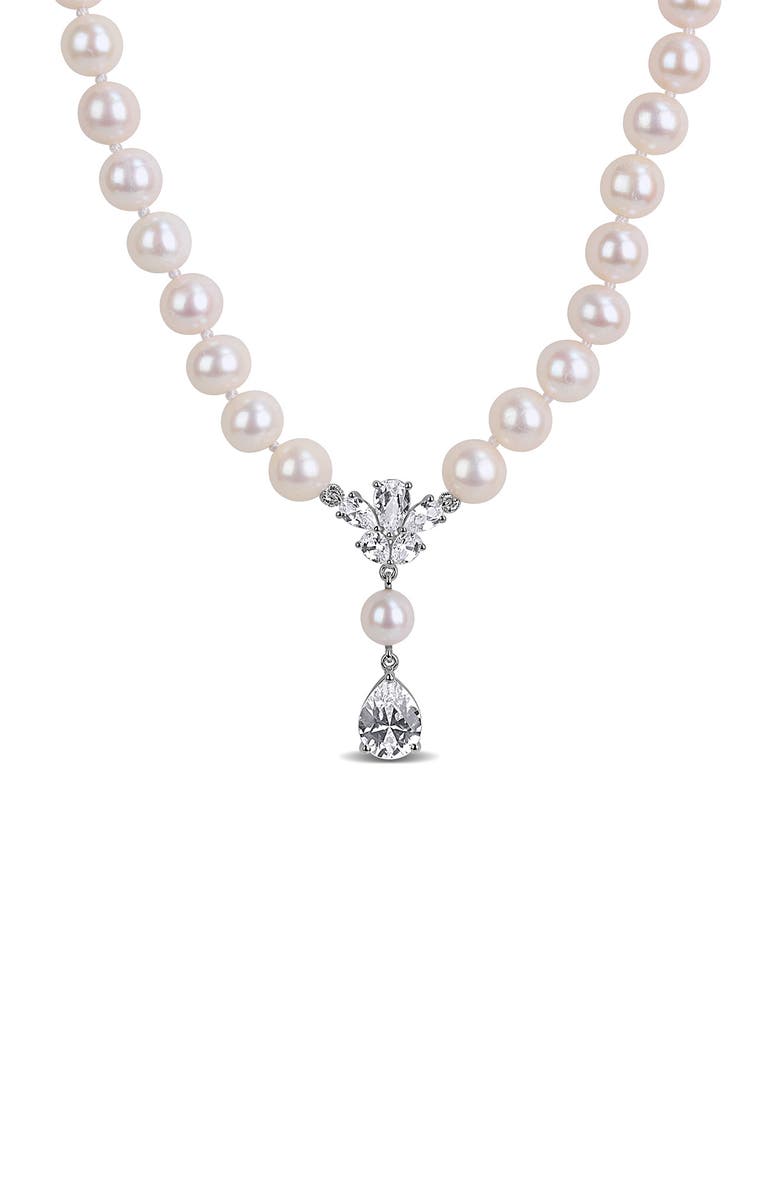 DELMAR Cultured Pearl & Lab Grown White Sapphire Y-Necklace, Main, color, 