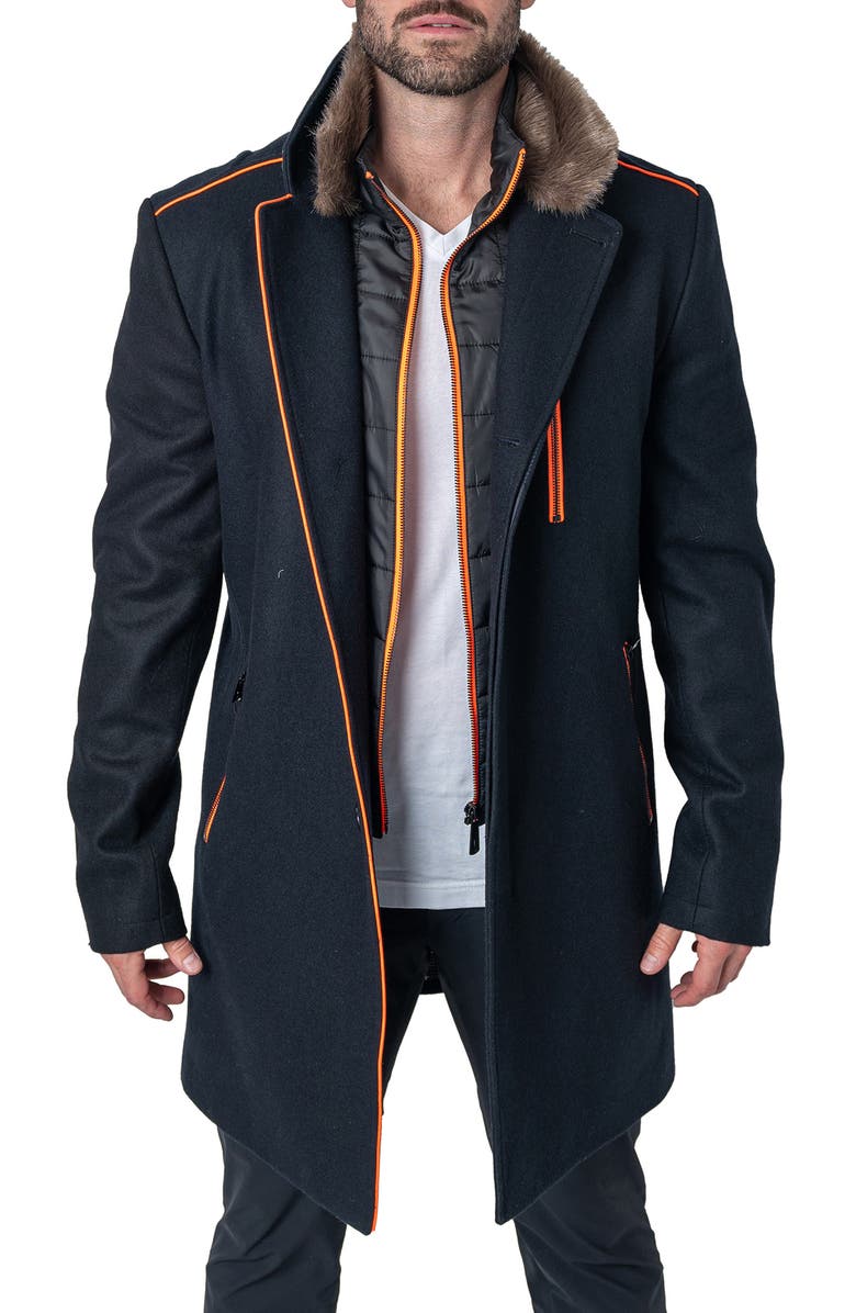 Maceoo Captainorange Faux Fur Trim Wool Peacoat, Alternate, color, 